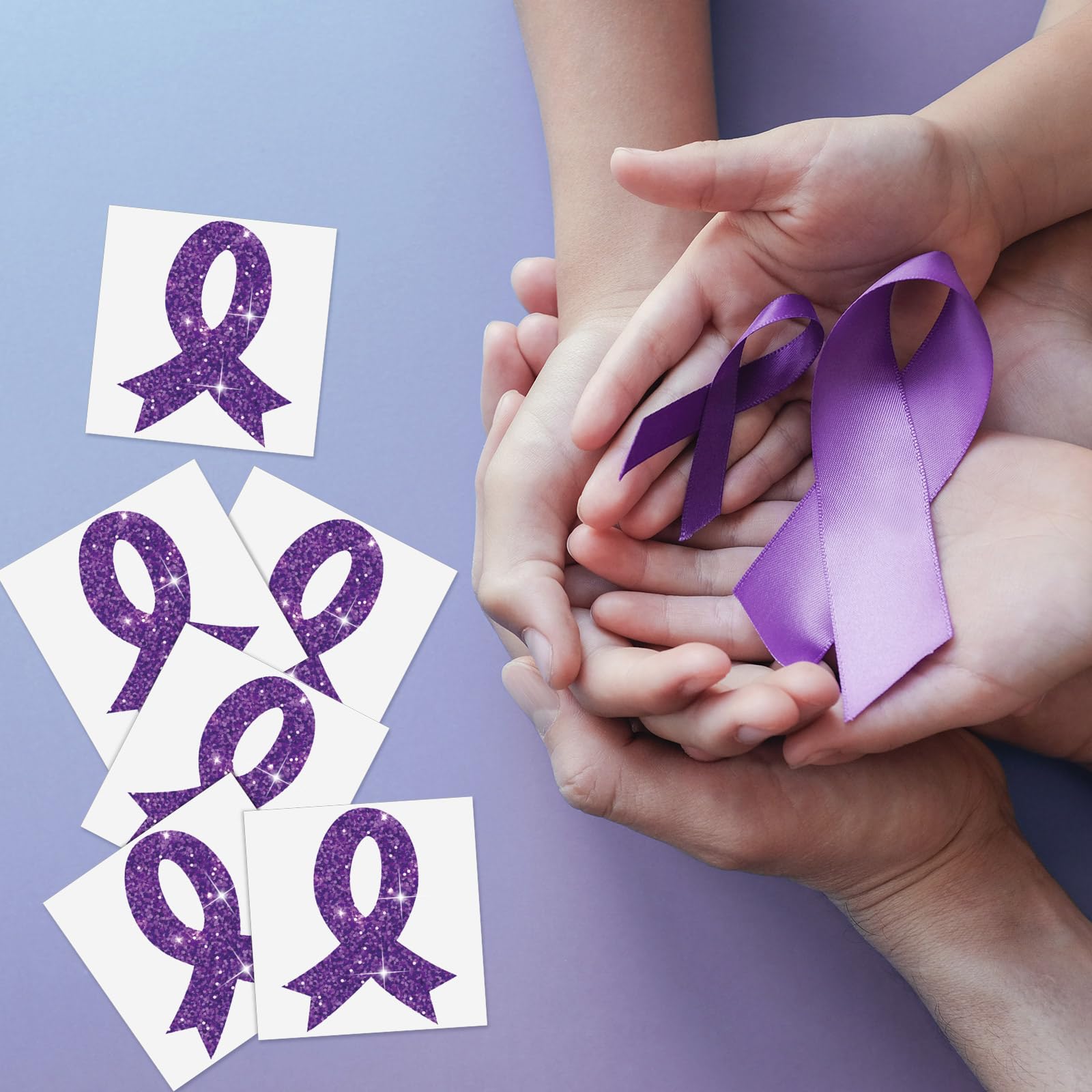 20 Sheets 240 Pcs Purple Ribbon Glitter Tattoos Domestic Violence Awareness Ribbon Temporary Tattoos Lupus Overdose Alzheimers Pancreatic Cancer for Women Man Charity Public Social Event