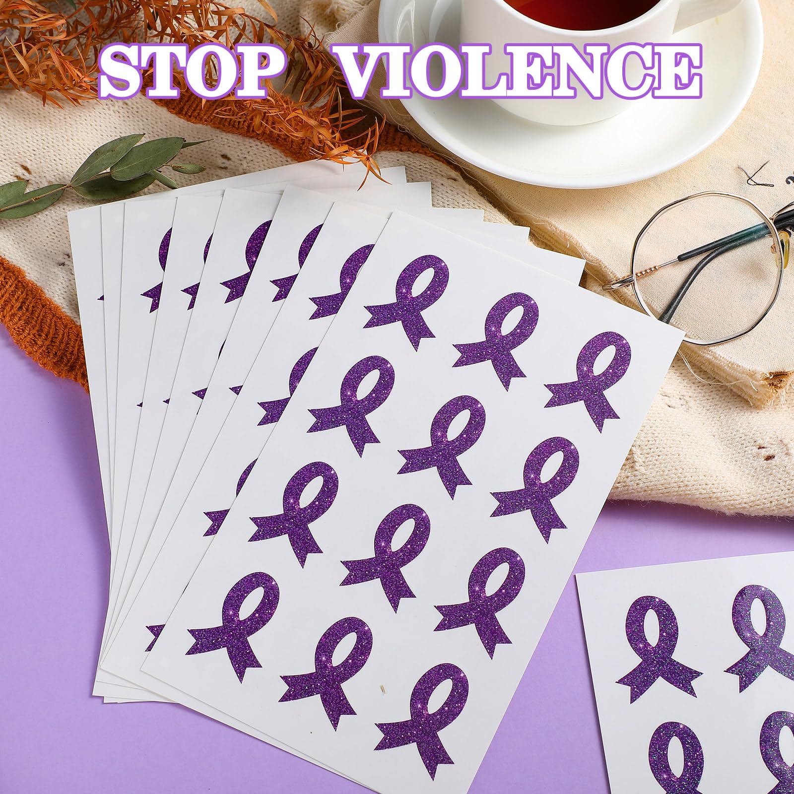 20 Sheets 240 Pcs Purple Ribbon Glitter Tattoos Domestic Violence Awareness Ribbon Temporary Tattoos Lupus Overdose Alzheimers Pancreatic Cancer for Women Man Charity Public Social Event