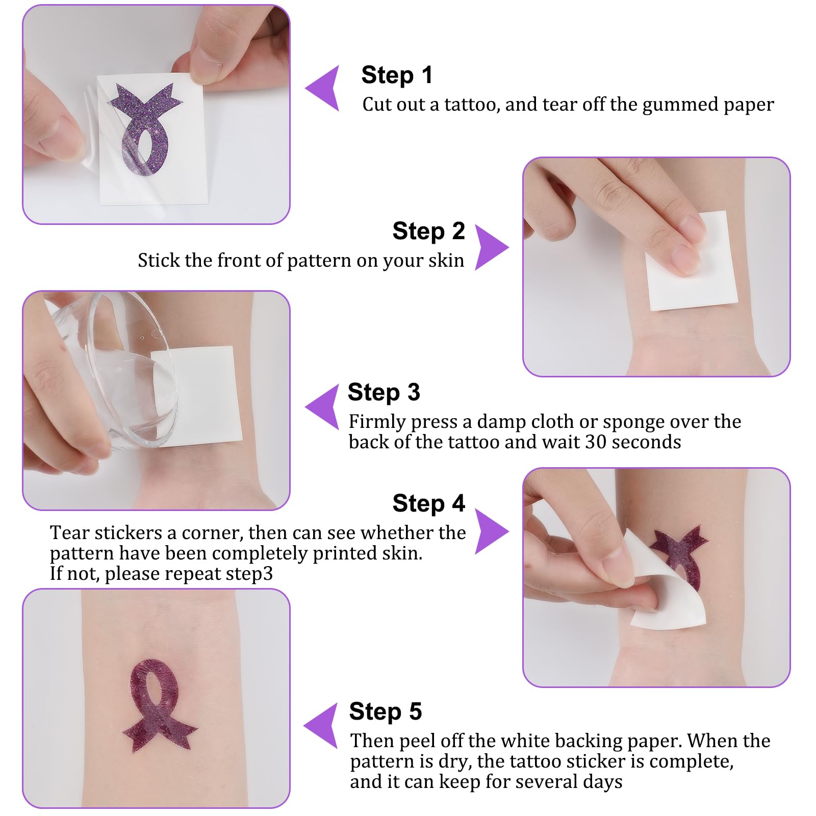 20 Sheets 240 Pcs Purple Ribbon Glitter Tattoos Domestic Violence Awareness Ribbon Temporary Tattoos Lupus Overdose Alzheimers Pancreatic Cancer for Women Man Charity Public Social Event