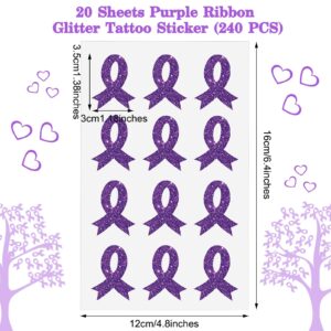 20 Sheets 240 Pcs Purple Ribbon Glitter Tattoos Domestic Violence Awareness Ribbon Temporary Tattoos Lupus Overdose Alzheimers Pancreatic Cancer for Women Man Charity Public Social Event