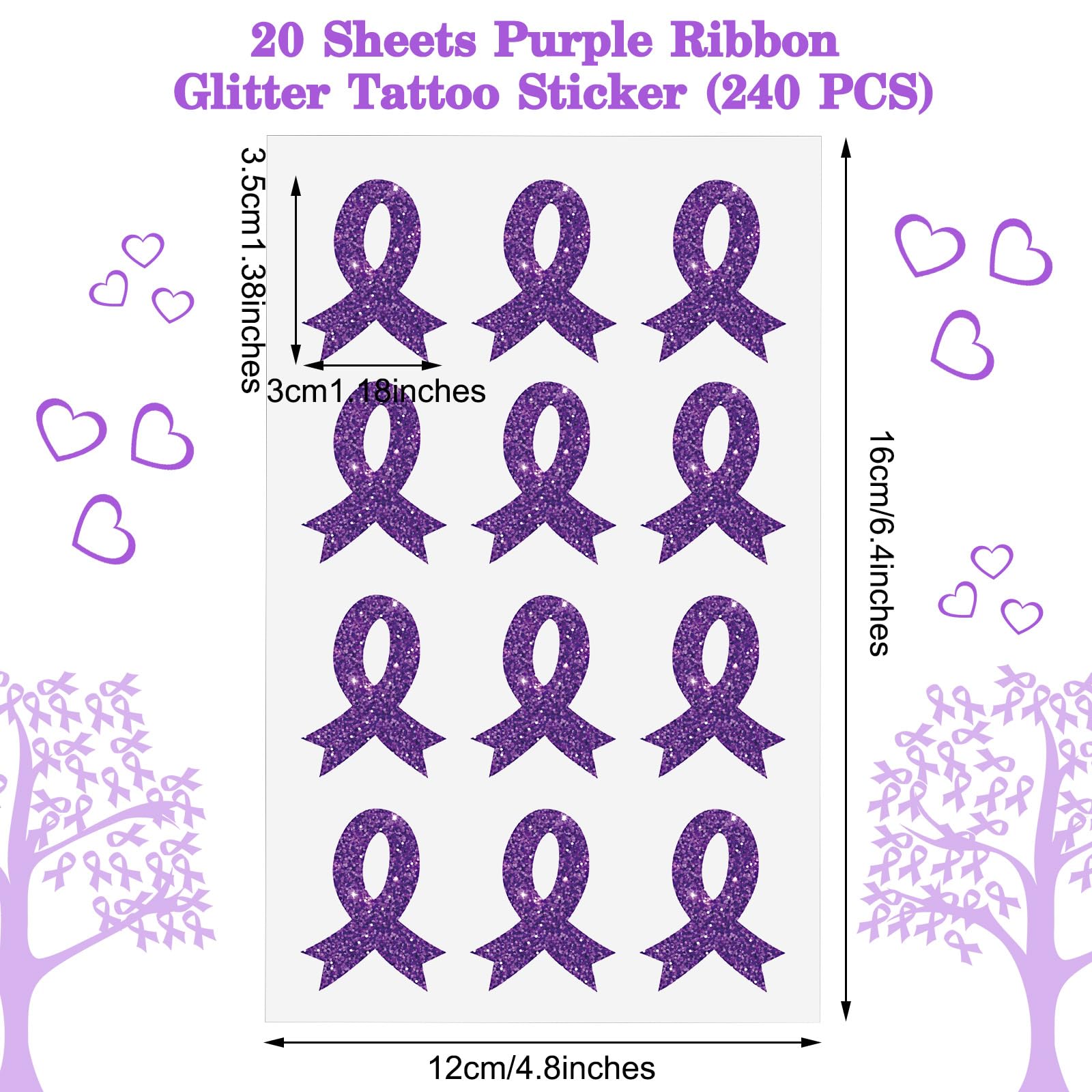 20 Sheets 240 Pcs Purple Ribbon Glitter Tattoos Domestic Violence Awareness Ribbon Temporary Tattoos Lupus Overdose Alzheimers Pancreatic Cancer for Women Man Charity Public Social Event