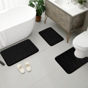 BYSURE Black Memory Foam Bathroom Rug Set 3 Piece Non Slip Extra Absorbent Shaggy Bathroom Mats and Rugs Sets, Soft & Dry Bath Mat Sets for Bathroom Washable Carpets Set