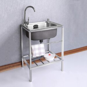 outdoor garden sink single trough, small stainless steel utility commercial kitchen washing hand basin station sink with storage shelve and faucet, for restaurant, bar, laundry, garage, backyard ( col