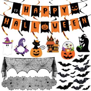 halloween decorations indoor set - halloween festive decor happy halloween banner hanging swirls & spider web table runner & mantel scarf & 3d bat sticker for spooky haunted house home kitchen decor