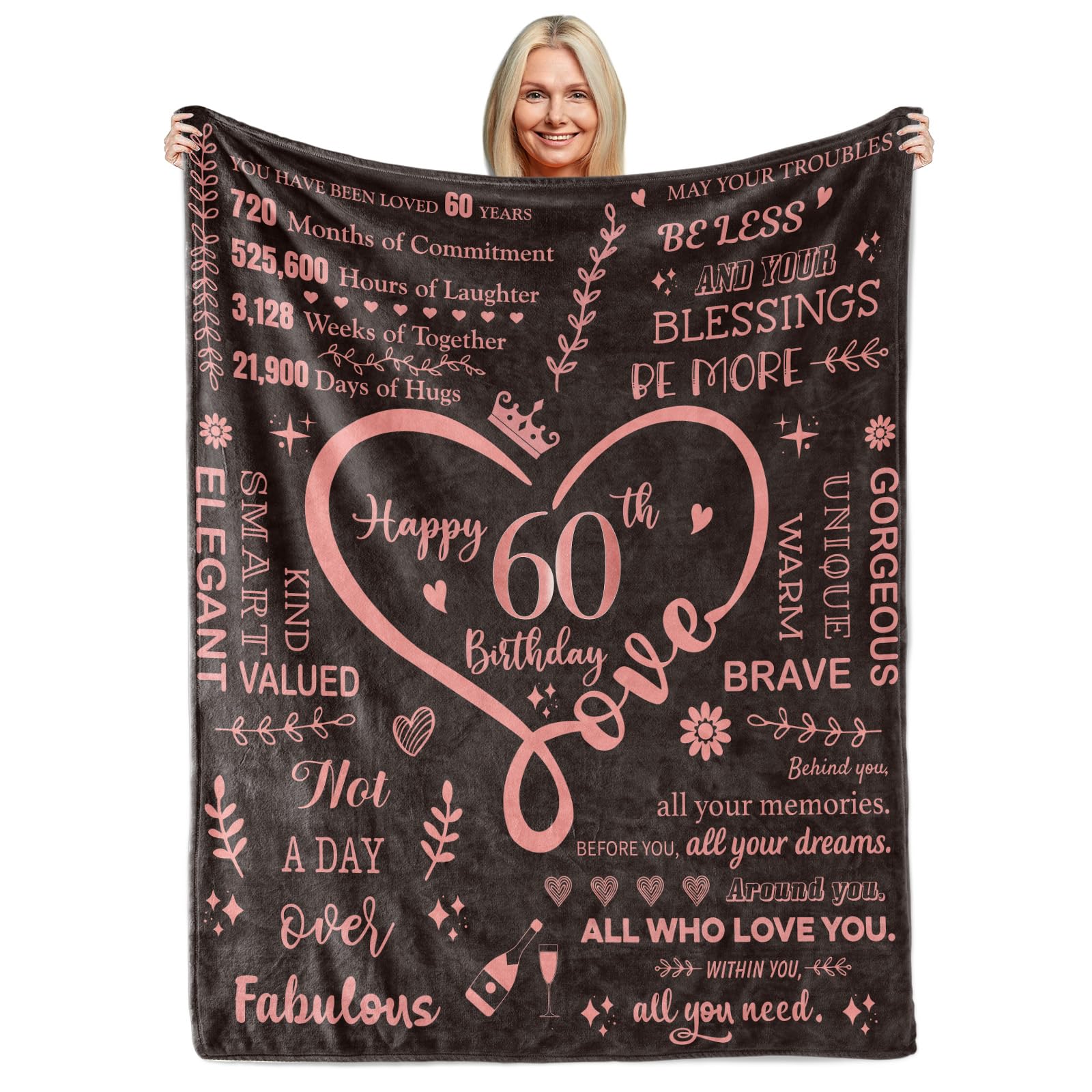 60th Birthday Gifts Blankets for Women,Happy 60th Birthday Unique Gifts Throw Blanket for Women Him or Her Women,60thBirthday Decorations Gift Ideas Best Birthday Blanket Rose Gold