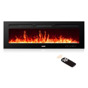 rocsumoo 60" recessed and wall mounted electric fireplace, low noise, remote control with timer,touch screen,adjustable flame color and speed, 750-1500w