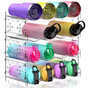 areforic 4 tier water bottle organizer - 16 bottle stackable holder for tumblers, cups, wine bottles - free-standing kitchen organization shelf rack for cabinet, countertop, pantry, clear plastic