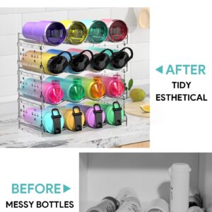 Areforic 4 Tier Water Bottle Organizer - 16 Bottle Stackable Holder for Tumblers, Cups, Wine Bottles - Free-Standing Kitchen Organization Shelf Rack for Cabinet, Countertop, Pantry, Clear Plastic