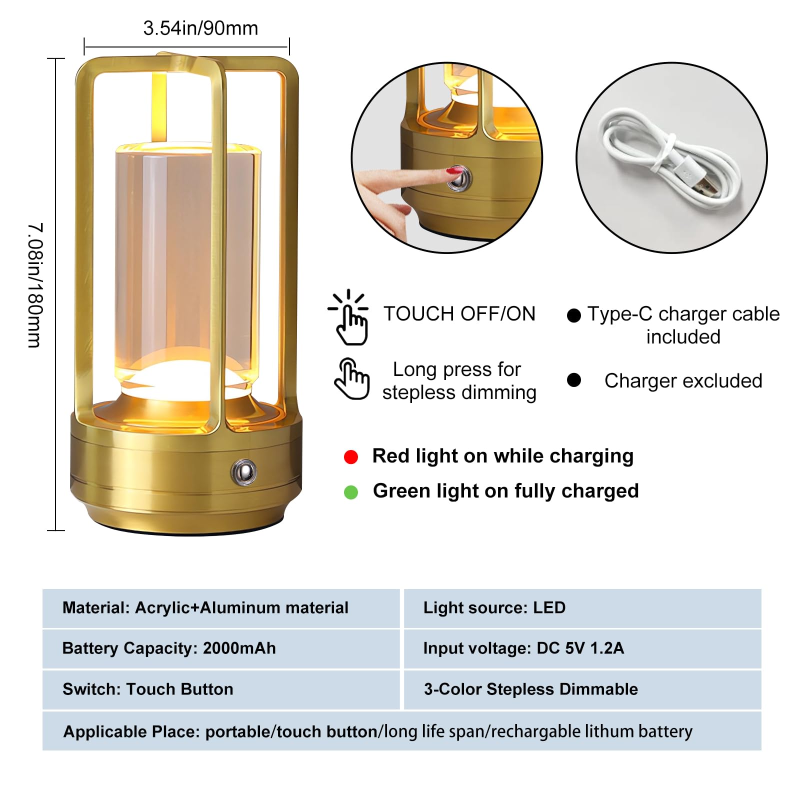 Aiwewin Cordless Led Table Lamp Rechargeable,Battery Operated Led Desk Lamp with Touch Control 3 Color Dimmable Portable Gold Aluminum Beside Lamps for Living Room Office Restaurant Camping