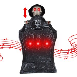 halloween decoration tombstone with scary music, animated movable skeleton skull with glowing eyes & voice activation halloween decor for yard lawn haunted house indoor outdoor party props