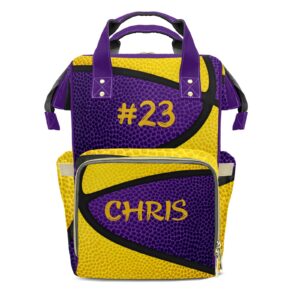 Anneunique Personalized Purple Yellow Basketball Print Tote Bag Backpacks Custom with Text Mommy Bag Gift for Boy Girl