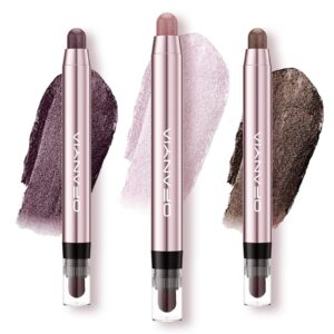 ardorlove 3 pcs glitter eyeshadow stick with soft brush, soft silky eye shadow pencil with smudge proof eyeshadow primer base, shimmer eye makeup cosmetics, cream eyeshadow stick (earth rose)