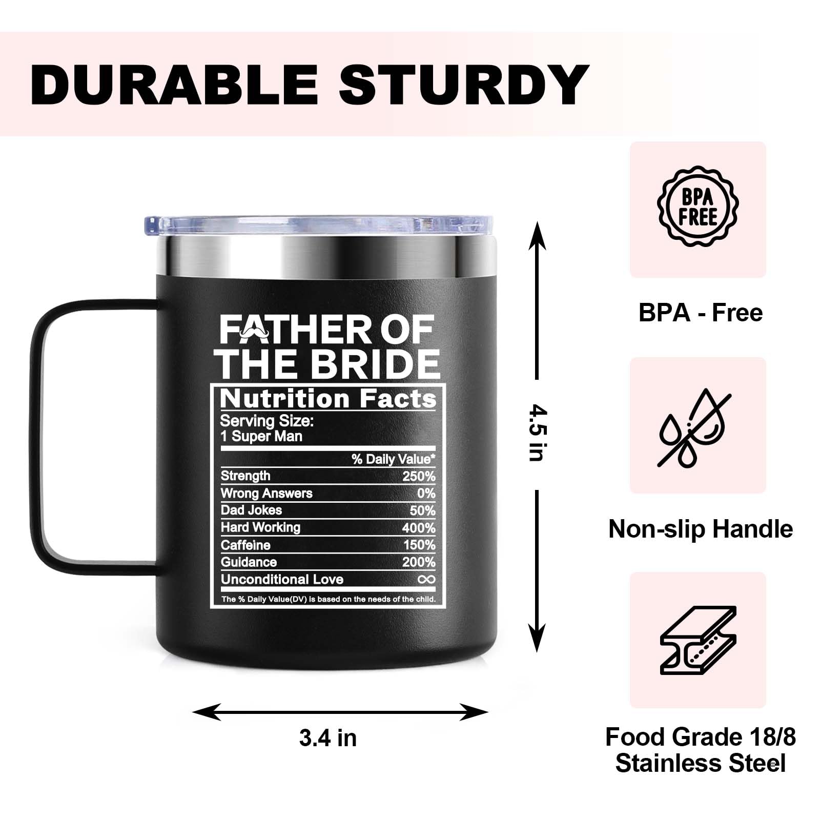 Father of the Bride | Stainless Steel Vacuum Insulated 12oz Mug Cup with Lid | Gift for Dad, Bride, Bridal Shower, Wedding, Engagement Party | Travel Tumbler Bride's Dad Gift - Black