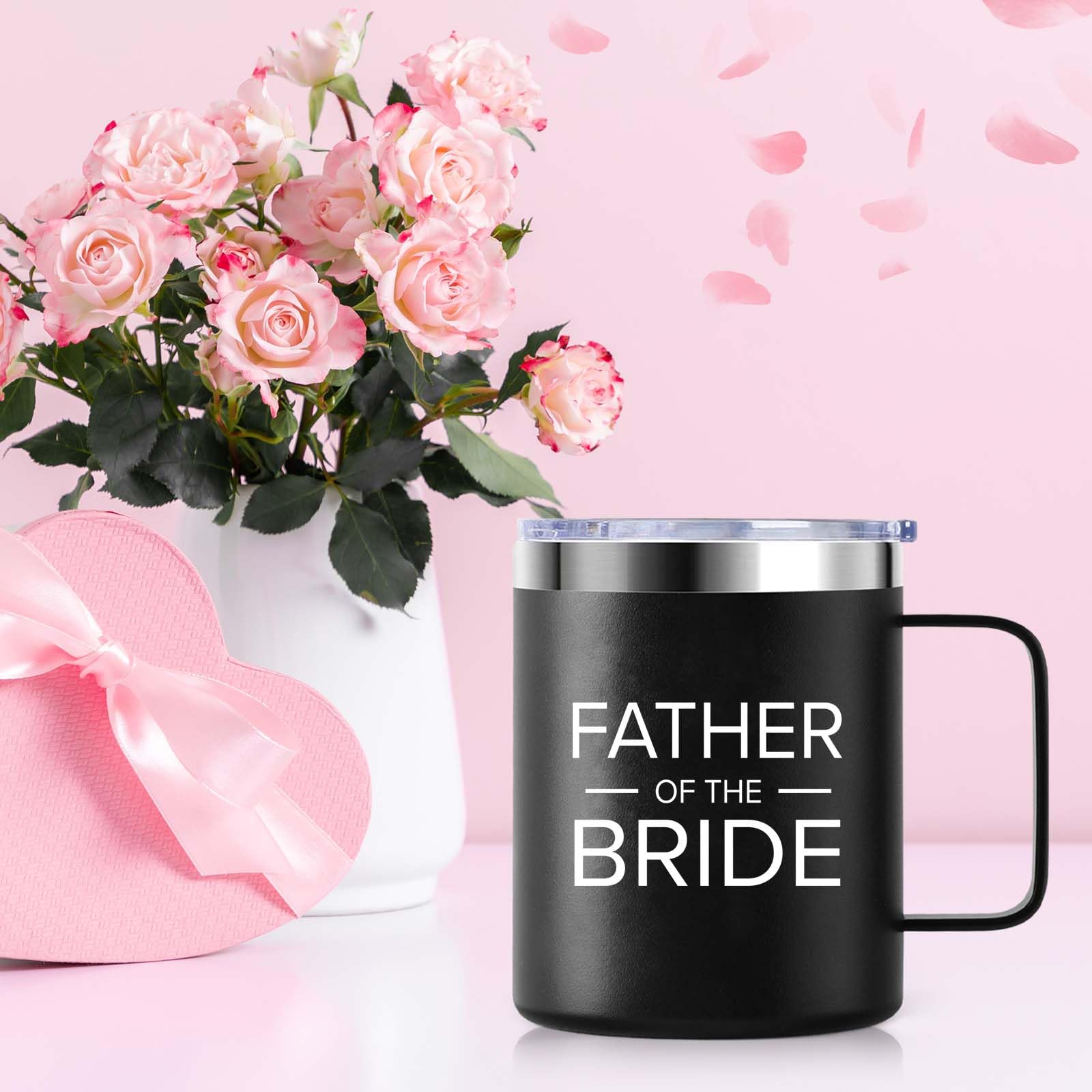 Father of the Bride | Stainless Steel Vacuum Insulated 12oz Mug Cup with Lid | Gift for Dad, Bride, Bridal Shower, Wedding, Engagement Party | Travel Tumbler Bride's Dad Gift - Black