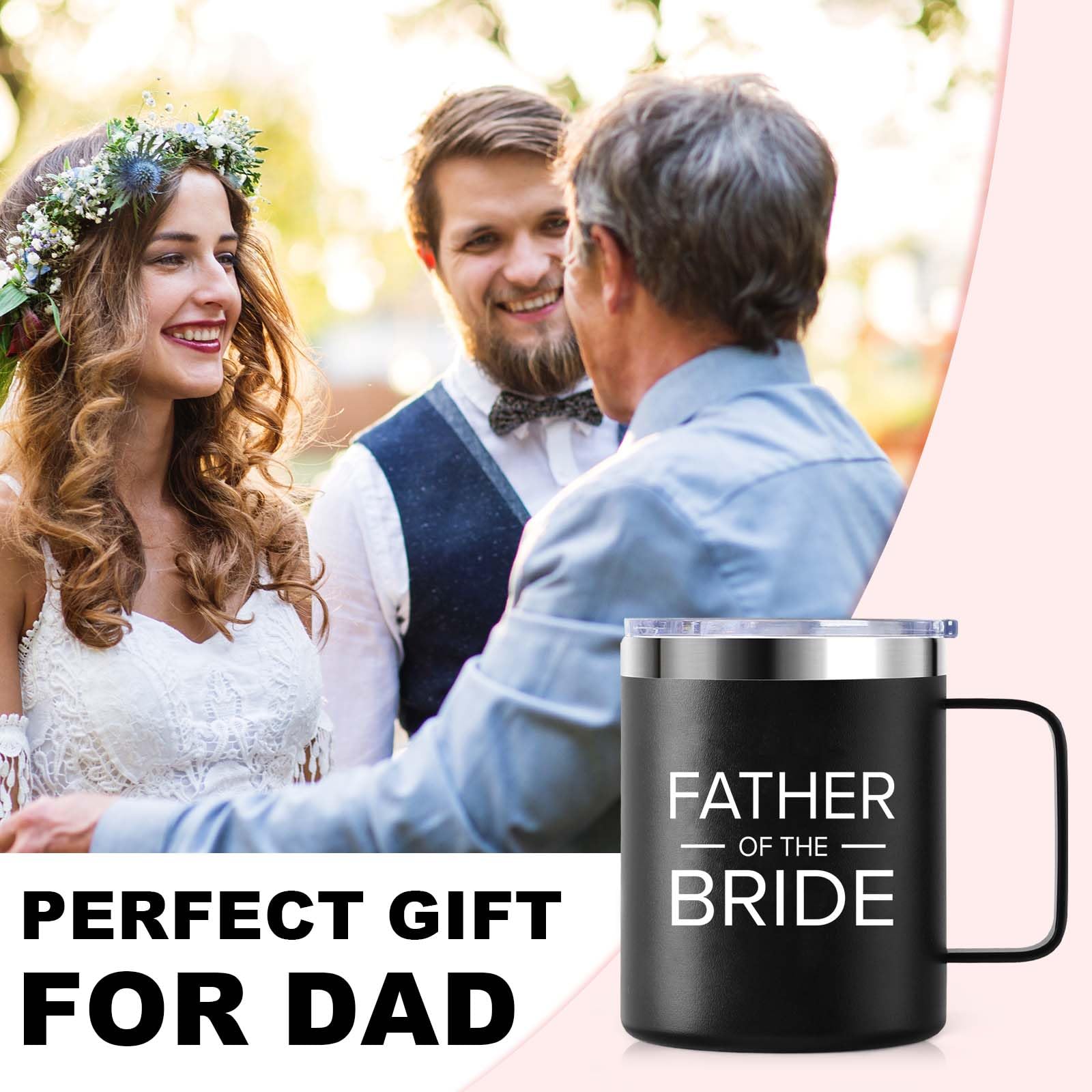 Father of the Bride | Stainless Steel Vacuum Insulated 12oz Mug Cup with Lid | Gift for Dad, Bride, Bridal Shower, Wedding, Engagement Party | Travel Tumbler Bride's Dad Gift - Black