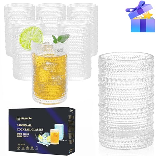 Cocktail Glasses Vintage Drinking Glasses - 12 oz Hobnail Glassware Set of 6 Raindrops Beaded Highball Glassware Romantic Water Glass Cups Suit for Whiskey Juice Beverage Dishwasher Safe Gift Package