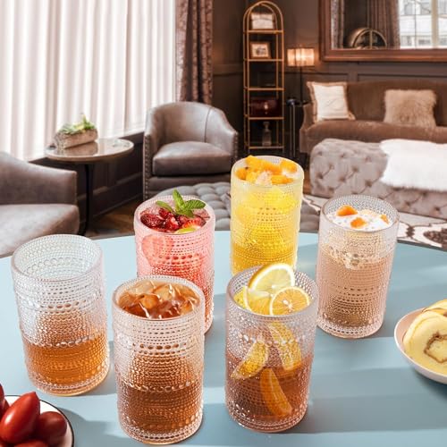 Cocktail Glasses Vintage Drinking Glasses - 12 oz Hobnail Glassware Set of 6 Raindrops Beaded Highball Glassware Romantic Water Glass Cups Suit for Whiskey Juice Beverage Dishwasher Safe Gift Package