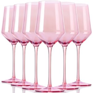 pink crystal wine glass set of 6 - hand-blown long stem wine glasses, unique wine glasses gift for wine lovers, dinner, party, wedding