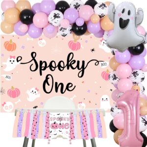 fangleland halloween spooky one 1st birthday decorations for girls - pink and purple balloons garland arch kit ghost balloons backdrop, first bday party supplies for one year old girl