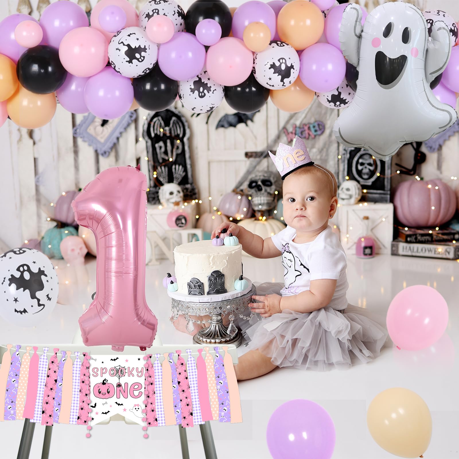 Fangleland Halloween Spooky One 1st Birthday Decorations for Girls - Pink and Purple Balloons Garland Arch Kit Ghost Balloons Backdrop, First Bday Party Supplies for One Year Old Girl