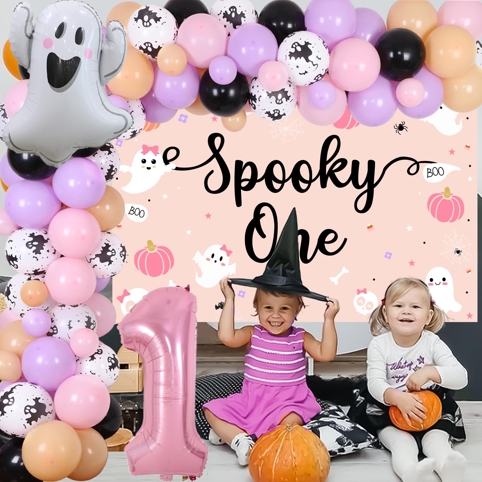 Fangleland Halloween Spooky One 1st Birthday Decorations for Girls - Pink and Purple Balloons Garland Arch Kit Ghost Balloons Backdrop, First Bday Party Supplies for One Year Old Girl