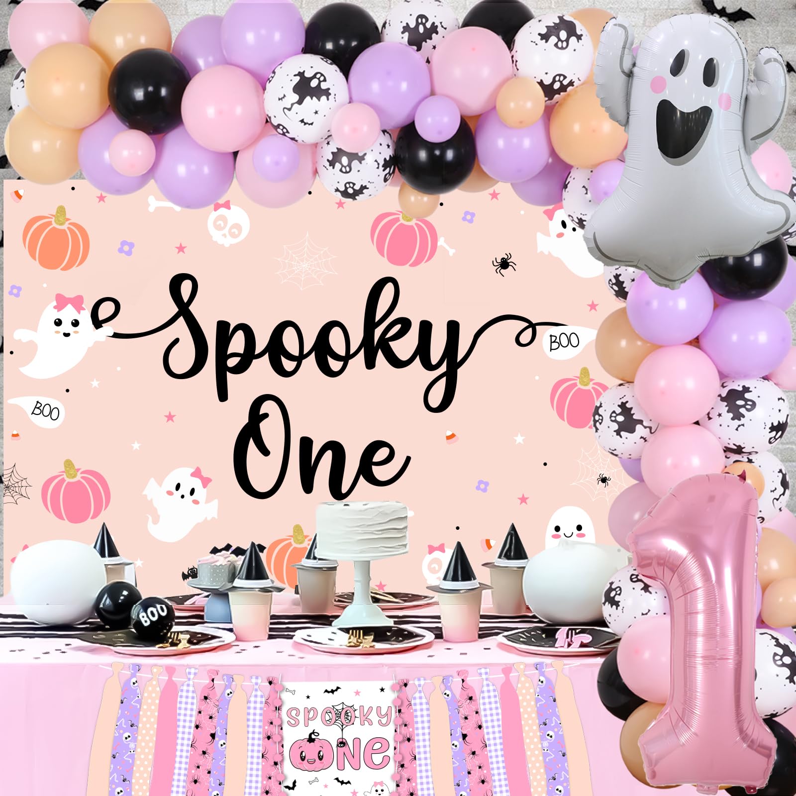 Fangleland Halloween Spooky One 1st Birthday Decorations for Girls - Pink and Purple Balloons Garland Arch Kit Ghost Balloons Backdrop, First Bday Party Supplies for One Year Old Girl