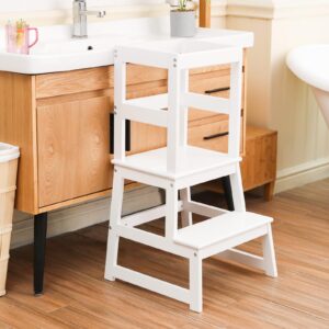 Kitchen Step Stool for Kids with Safety Rail,Solid Wood Construction Toddler Learning Stool, Montessori Toddlers Kitchen Stool Tower (White)