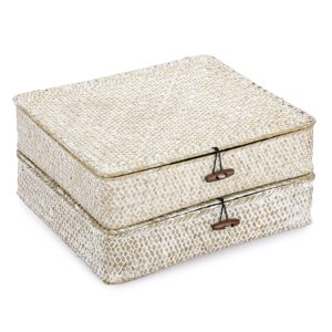 btsky 2 pack wicker baskets with lids flat woven storage bins for shelf organizing natural seagrass storage baskets with lids home utility organizer box for home & office supplies, whitewash (large)