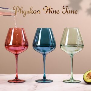 Physkoa Colored Wine Glasses Set 6-18oz HandBlown Multicolor Wine Glasses With Long Stem&Large Bowl,Stemmed Colorful Stemware,Mothers Day Gifts