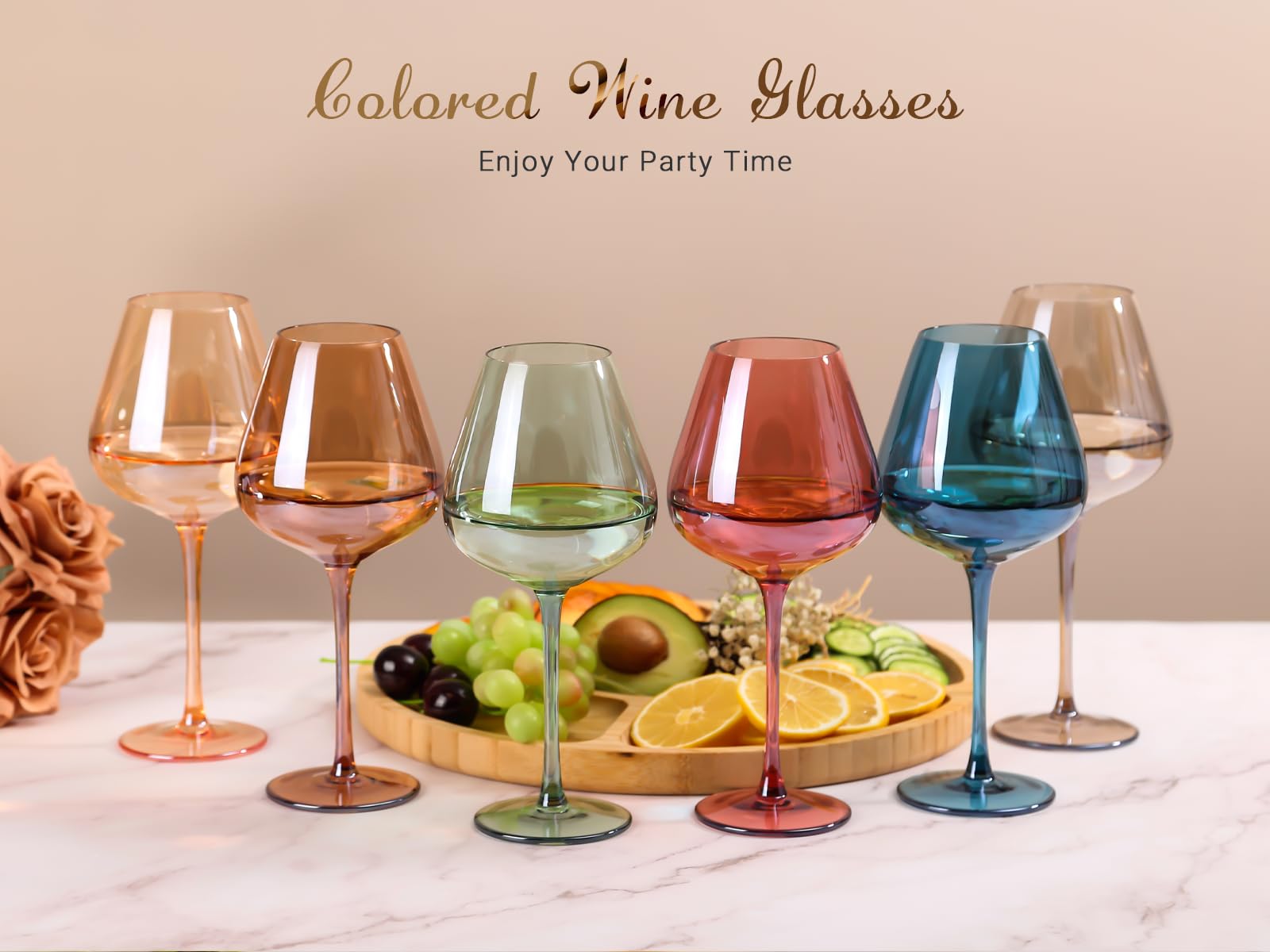 Physkoa Colored Wine Glasses Set 6-18oz HandBlown Multicolor Wine Glasses With Long Stem&Large Bowl,Stemmed Colorful Stemware,Mothers Day Gifts