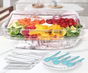 innovative life high-end veggie fruit tray with lid, ice chilled vegetable serving platter with ice tray on bottom, perfect for entertaining, parties and buffet, clear