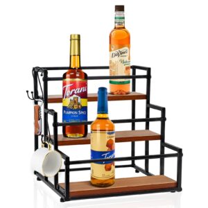 aiewev coffee syrup rack organizer with 3-tier 12 bottle storage - coffee bar holder shelves with 3 hooks - liquor cabinet stand for kitchen coffee station on countertop