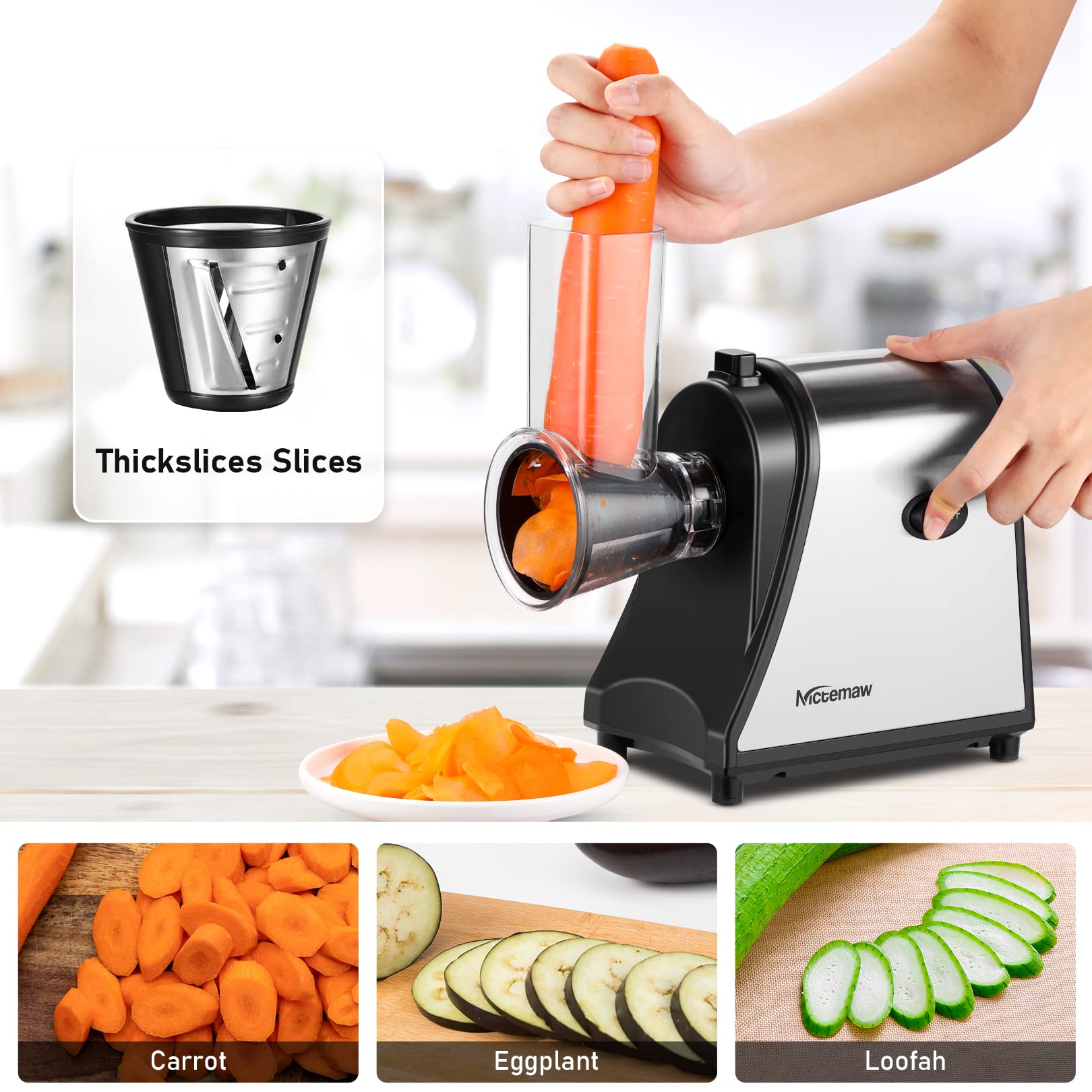 Electric Cheese Grater, 250W Multifunctional Vegetable Cutter for Home Use, 5 Stainless Steel Rotary Blades and One-Touch Control, Electric Salad Maker Cheese Shredder for Cheeses, Fruit, Veggies