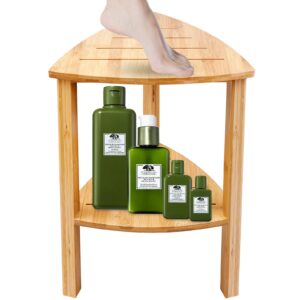 teak shower bench with storage shelf - teak shower stool corner bamboo bench for indoor or outdoor use - shower seat and stool for shaving legs