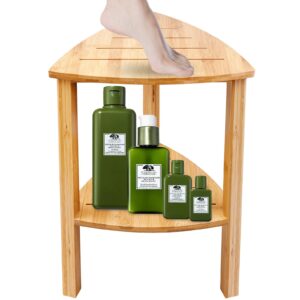 Teak Shower Bench with Storage Shelf - Teak Shower Stool Corner Bamboo Bench for Indoor or Outdoor Use - Shower Seat and Stool for Shaving Legs