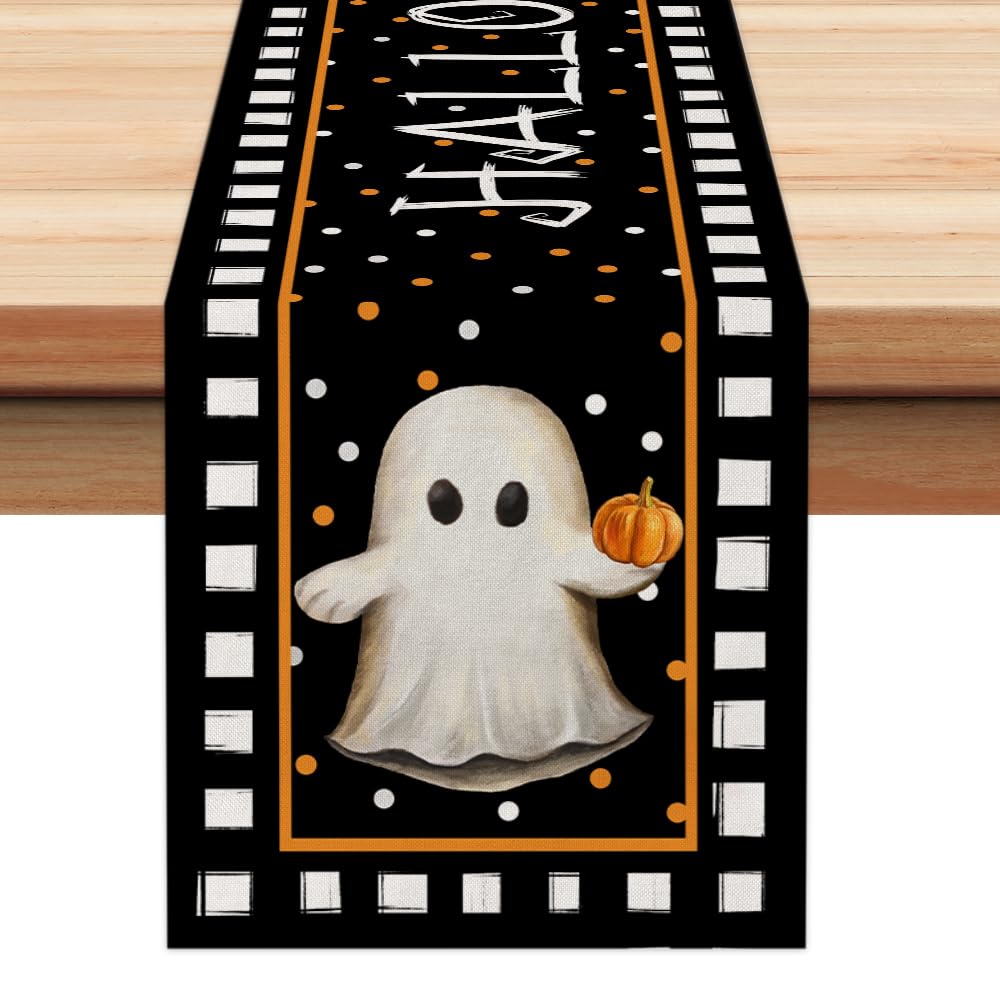 ARKENY Halloween Table Runner 13x72 Inches, Pumpkin Spooky Ghost Seasonal Burlap Polka Dots Farmhouse Indoor Kitchen Dining Table Decorations for Home Party AT454-72