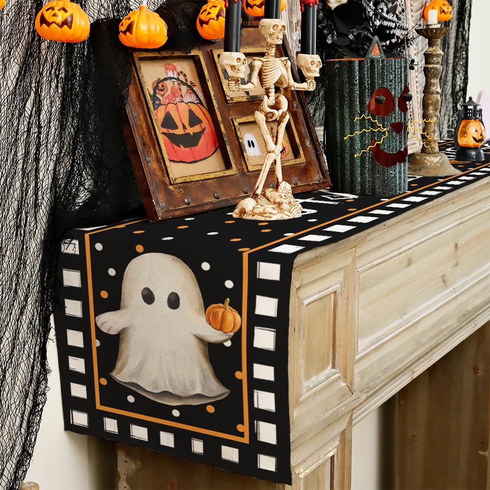 ARKENY Halloween Table Runner 13x72 Inches, Pumpkin Spooky Ghost Seasonal Burlap Polka Dots Farmhouse Indoor Kitchen Dining Table Decorations for Home Party AT454-72