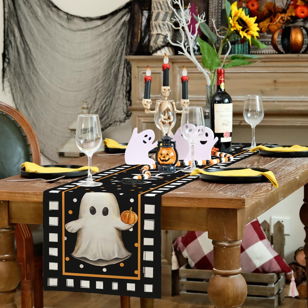 ARKENY Halloween Table Runner 13x72 Inches, Pumpkin Spooky Ghost Seasonal Burlap Polka Dots Farmhouse Indoor Kitchen Dining Table Decorations for Home Party AT454-72