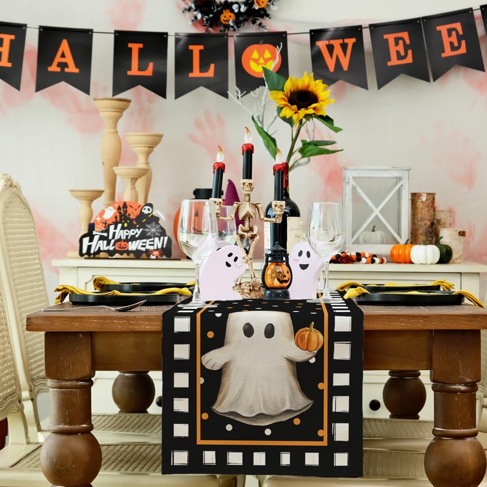 ARKENY Halloween Table Runner 13x72 Inches, Pumpkin Spooky Ghost Seasonal Burlap Polka Dots Farmhouse Indoor Kitchen Dining Table Decorations for Home Party AT454-72