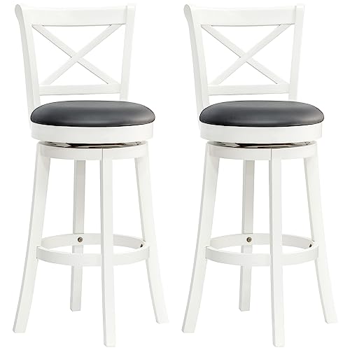 HOMCOM Traditional Bar Height Bar Stool, 31 Inch Seat Height Barstool, Swivel PU Leather Upholstered Chair, with Cross Back and Rubberwood Frame, Set of 2, Cream White