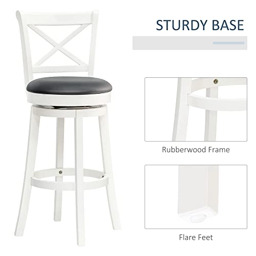 HOMCOM Traditional Bar Height Bar Stool, 31 Inch Seat Height Barstool, Swivel PU Leather Upholstered Chair, with Cross Back and Rubberwood Frame, Set of 2, Cream White