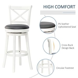 HOMCOM Traditional Bar Height Bar Stool, 31 Inch Seat Height Barstool, Swivel PU Leather Upholstered Chair, with Cross Back and Rubberwood Frame, Set of 2, Cream White