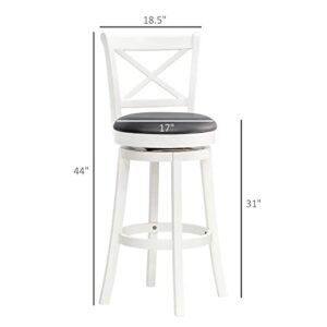 HOMCOM Traditional Bar Height Bar Stool, 31 Inch Seat Height Barstool, Swivel PU Leather Upholstered Chair, with Cross Back and Rubberwood Frame, Set of 2, Cream White