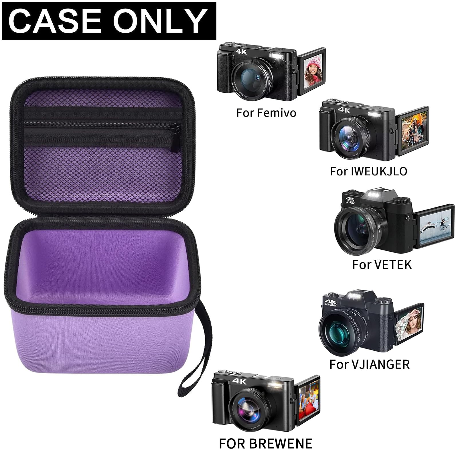 Vlogging Camera Case Compatible with brewene/for Femivo/for KVUTCIEIN/for Duluvulu 4K 48MP Digital Cameras for Youtube. Vlog Camera Carrying Storage for Lens, Cable and Other Accessories - Purple