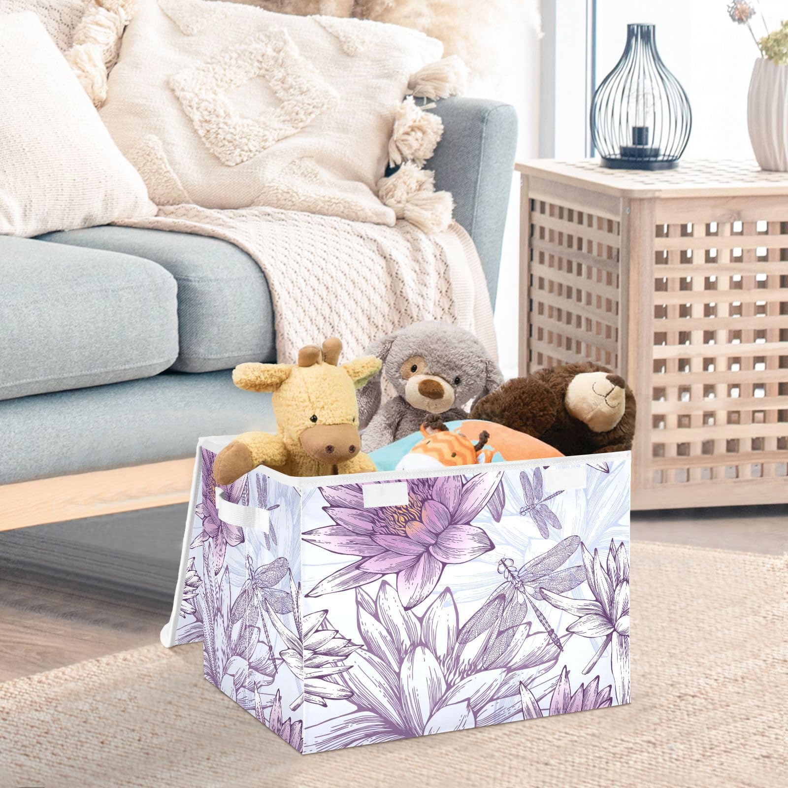 Joisal Purple Lilies And Dragonflies Baskets with Lids for Organizing Fabric Storage Bins for Shelves for Home Bedroom Office