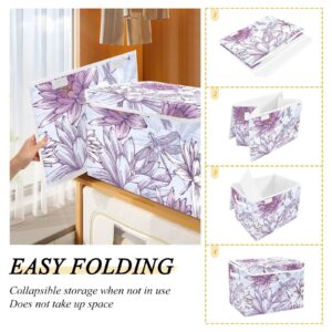 Joisal Purple Lilies And Dragonflies Baskets with Lids for Organizing Fabric Storage Bins for Shelves for Home Bedroom Office