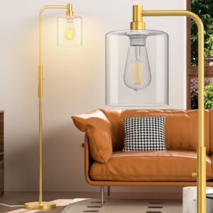 cnxin stepless dimmable floor lamps with glass lampshade modern standing lamps with 6w led bulb bright corner lamp tall pole lamps for living room bedroom office study room farmhouse, gold