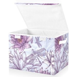 Joisal Purple Lilies And Dragonflies Baskets with Lids for Organizing Fabric Storage Bins for Shelves for Home Bedroom Office