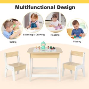 Costzon Kids Table and Chair Set, 3-in-1 Wooden Activity Table with Removable Tabletop, Blackboard & Whiteboard, Storage Space, Toddler Furniture for Arts, Crafts, Nursery, Preschool (Natural)