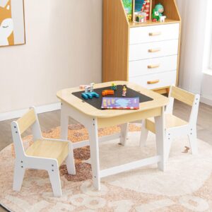 Costzon Kids Table and Chair Set, 3-in-1 Wooden Activity Table with Removable Tabletop, Blackboard & Whiteboard, Storage Space, Toddler Furniture for Arts, Crafts, Nursery, Preschool (Natural)